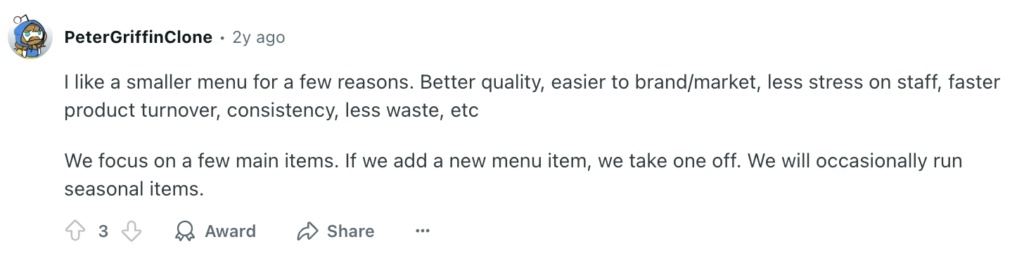 Reddit user - Menu advice