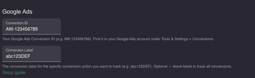 Google Ads section in resOS settings